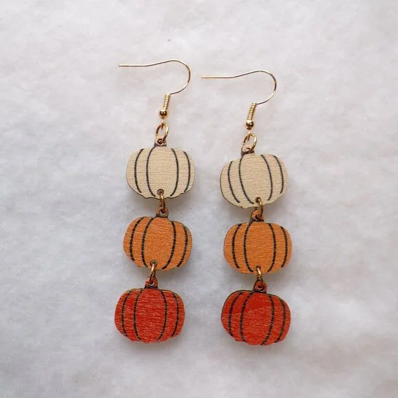 Fall Pumpkin Wood Dangle Earrings Halloween Thanksgiving - Picture 5 of 5
